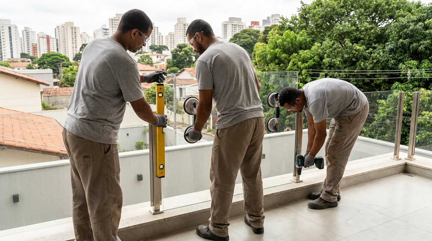 Guarda-corpo em terraço alto com vista cidade em Florianópolis-SC